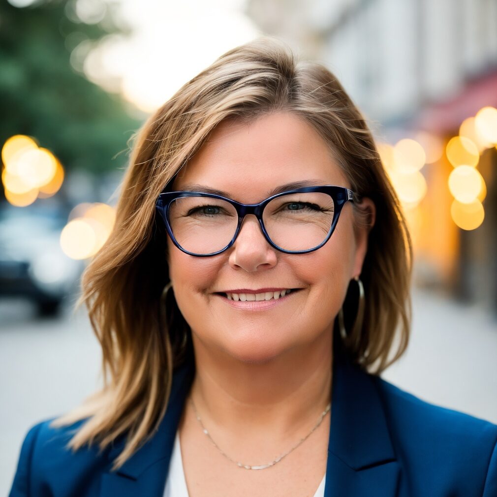 Donna M Brown Headshot with street background wearing blue blazer with white shirt with silver necklace